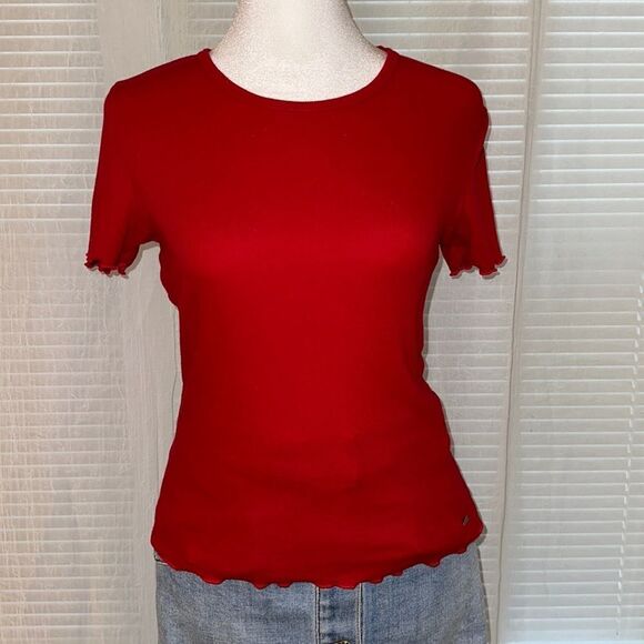 Hollister S Red Ribbed Cotton Crewneck Short Sleeve Tee Ruffle Hem & Sleeve - Picture 1 of 10